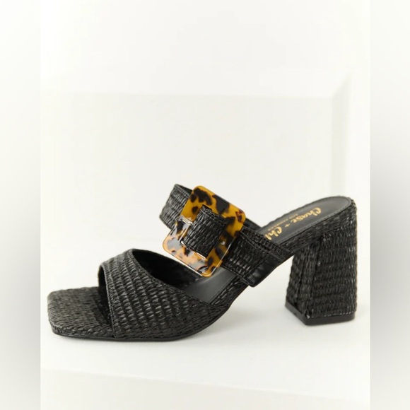 Chase + Chloe Black Woven Mules w/ Faux Tortoise Shell Buckle Detail - Size 6.5 - Picture 2 of 9